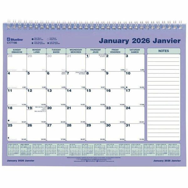 Blueline Monthly Calendar, 11" x 8-1/2" , Bilingual - Monthly - 12 Month - January 2026 to December 2026 - 1 Month Single Page Layout - Letter - 8 1/2" (215.90 mm) x 11" (279.40 mm) Sheet Size - Twin Wire - Wall Mount - Paper, Chipboard - 1 Each
