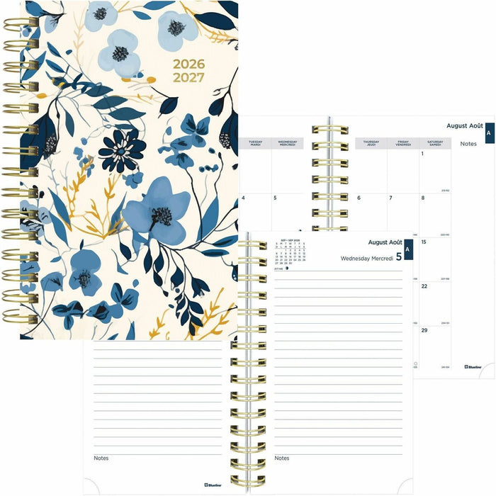 Blueline Academic Daily Planner Spring 2025-2026 - Blue - Bilingual - Bilingual - Academic - Daily, Monthly - 12 Month - August 2025 to July 2026 - 7:00 AM to 7:30 PM - Half-hourly - 5" (127 mm) x 8" (203.20 mm) Sheet Size - Twin Wire - Blue - Gold Poly,