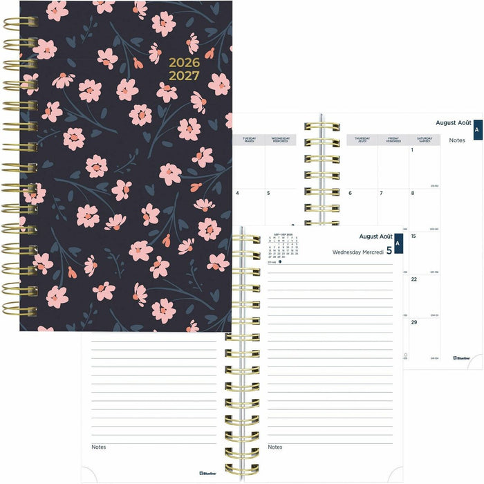 Blueline Blossom Academic 12-Month Daily Planner, 8" x 5" , English, Navy - Bilingual - Academic - Daily, Monthly - 12 Month - August 2025 to July 2026 - 7:00 AM to 7:30 PM - Half-hourly - 5" (127 mm) x 8" (203.20 mm) Sheet Size - Twin Wire - Gold, Navy -