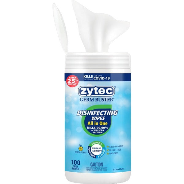 Zytec Disinfecting Wipes - All in One - 100 Wipes - Fresh Citrus Scent - Disinfectant, Residue-free, Deodorize, Bleach-free, Lint-free - 1 Each