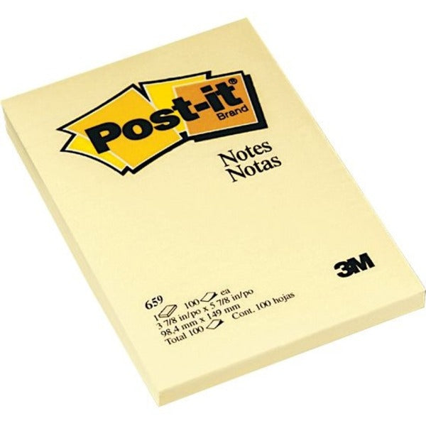 3M Notes, Canary Yellow - 100 - 4" x 6" - Rectangle - 100 Sheets per Pad - Unruled - Yellow - Paper - Self-adhesive, Repositionable - 1 Each