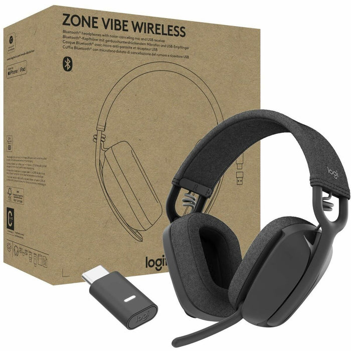 Logitech Zone Vibe Wireless - Stereo - USB Type C - Wireless - Bluetooth - 98.4 ft (30 m) - 20 Hz to 20 kHz - Over-the-ear - Binaural - Ear-cup - Omni-directional, Directional, MEMS Technology, Noise Cancelling Microphone - Noise Canceling - Graphite