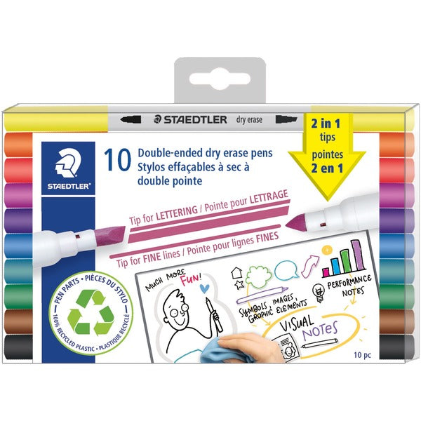 Staedtler Double-Ended Dry Erase Markers Assorted Colours 10/Pkg - Chisel, Bullet Marker Point - Assorted Ink - Dry - 10 / Pack