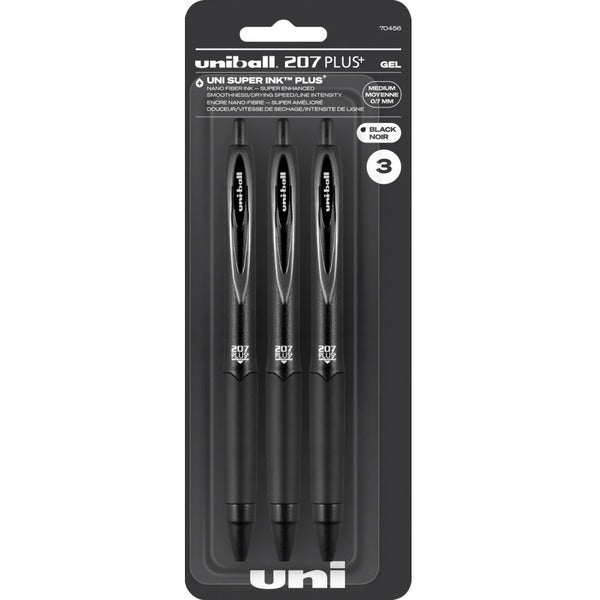 uniball&trade; 207 Plus+ Retractable Gel Pens - Retractable - Black Gel-based, Nanofiber Ink, Pigment-based Ink - 3 / Pack