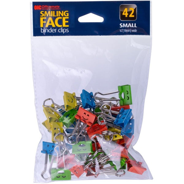 Officemate Smiling Face Binder Clips - Small - 0.75" (19.05 mm) Width - 0.4" (9.52 mm) Size Capacity - for Binding - Green, Blue, Yellow, Red - Metal - 1 / Each