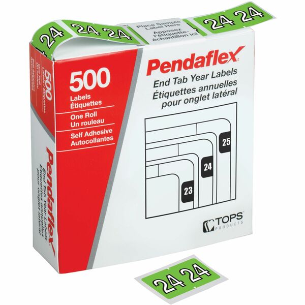 Pendaflex End Tab Year Labels - 2024 - Light Green - 500/Box - 3/4" (19.05 mm) Width x 15/16" (23.62 mm) Length - Light Green - 500 / Roll - 500 / Pack
