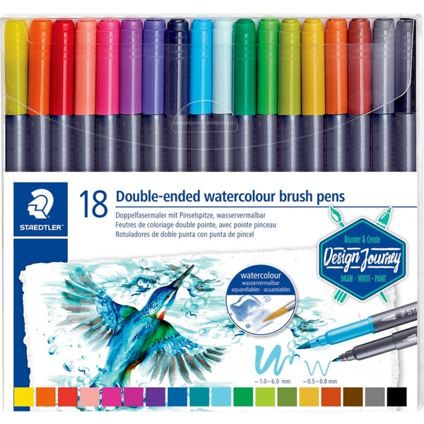 Staedtler Double-Ended Watercolour Brush Pens - Fine Brush, Thin Marker Point - Assorted Ink - Water Based - 18 / Pack