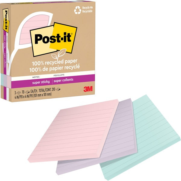 Post-it&reg; 100% Recycled Paper Super Sticky Notes 4 in x 4 in Lined Wanderlust Pastels Collection - 210 - 4" (101.60 mm) Flag/Note Width x 4" (101.60 mm) Flag/Note Length - Square - 70 Sheets per Pad - Assorted Wanderlust Pastel - Removable, Repositiona