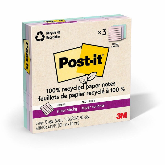 Post-it&reg; Super Sticky Adhesive Note - 210 - 4" (101.60 mm) Flag/Note Width x 4" (101.60 mm) Flag/Note Length - Square - 70 Sheets per Pad - Assorted Wanderlust Pastel - Removable, Repositionable, Recyclable - Recycled - 3 / Pack