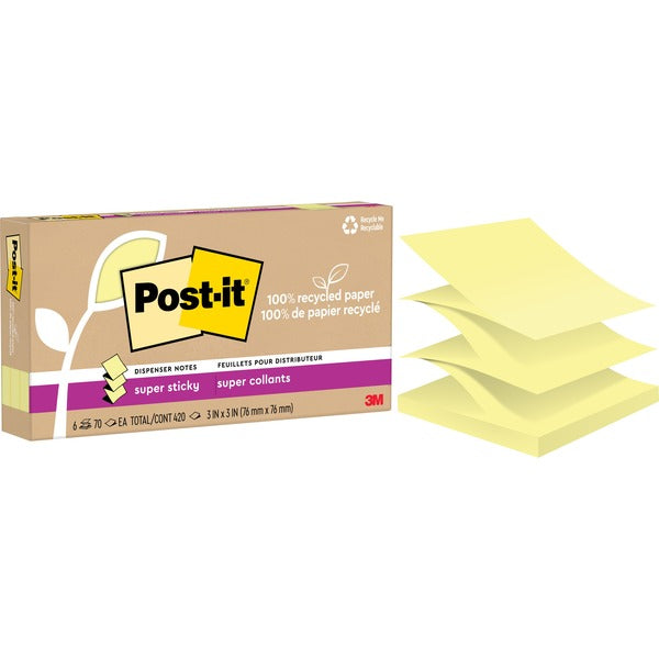 Post-it&reg; 100% Recycled Paper Super Sticky Dispenser Notes 3 in x 3 in Canary Yellow - 420 x Canary Yellow - 3" (76.20 mm) Flag/Note Width x 3" (76.20 mm) Flag/Note Length - Square - 70 Sheets per Pad - Canary Yellow - Removable, Repositionable, Recycl