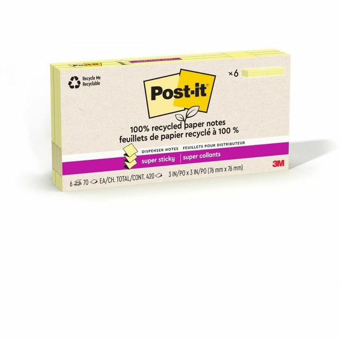 Post-it&reg; Super Sticky Adhesive Note - 420 x Canary Yellow - 3" (76.20 mm) Flag/Note Width x 3" (76.20 mm) Flag/Note Length - Square - 70 Sheets per Pad - Canary Yellow - Removable, Repositionable, Recyclable, Pop-up - Recycled - 12 / Pack