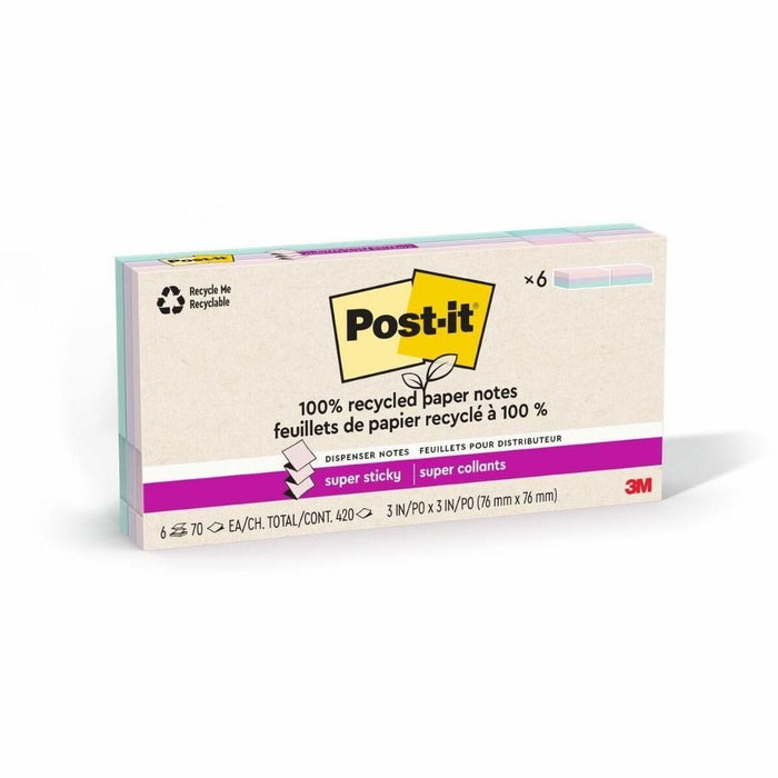 Post-it&reg; Super Sticky Adhesive Note - 420 - 3" (76.20 mm) Flag/Note Width x 3" (76.20 mm) Flag/Note Length - 70 Sheets per Pad - Assorted Wanderlust Pastel - Removable, Repositionable, Recyclable, Pop-up - Recycled - 12 / Pack