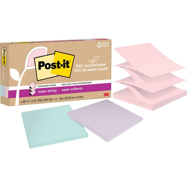 Post-it&reg; 100% Recycled Paper Super Sticky Dispenser Notes 3 in x 3 in Wanderlust Pastels Collection - 420 - 3" (76.20 mm) Flag/Note Width x 3" (76.20 mm) Flag/Note Length - 70 Sheets per Pad - Assorted Wanderlust Pastel - Removable, Repositionable, Re