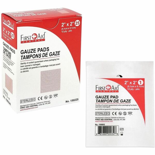 First Aid Central Sterile Gauze Pads 2" x 2" 25/pkg - 12 Ply - 2" (50.80 mm) Width x 2" (50.80 mm) Length - White - Cotton - 25 / Pack