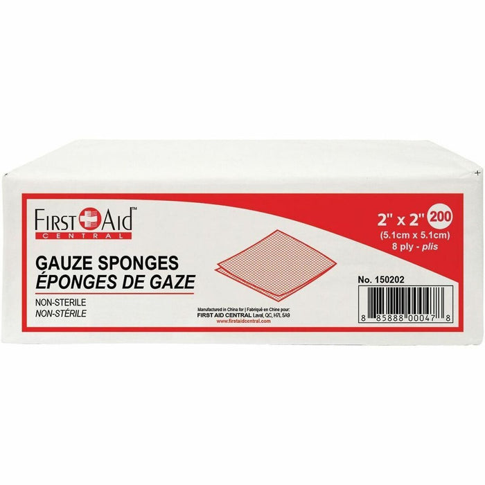 First Aid Central Non-Sterile Gauze Sponges 2" x 2" 200/pkg - 8 Ply - 2" (50.80 mm) Width x 2" (50.80 mm) Length - White - Cotton - 200 / Pack