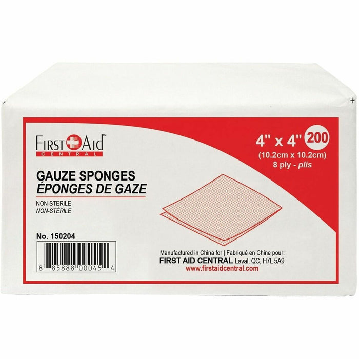 First Aid Central Gauze Sponges - 8 Ply - 4" (101.60 mm) Width x 4" (101.60 mm) Length - White - Cotton - 200 / Pack