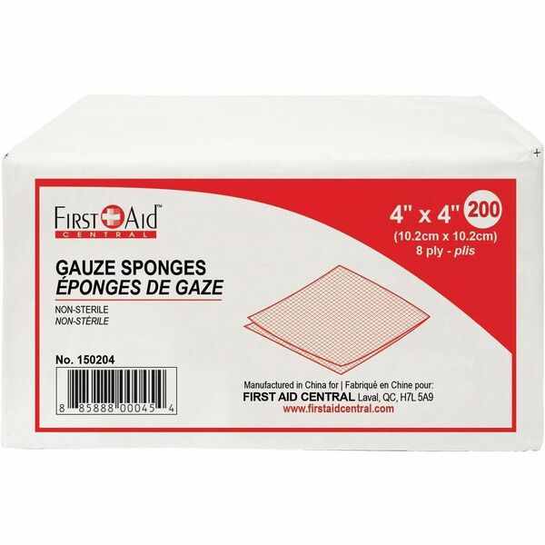 First Aid Central Gauze Sponges, 8-Ply, 5.1 x 5.1 cm (2" x 2"), 200/Box - 8 Ply - 4" (101.60 mm) Width x 4" (101.60 mm) Length - White - Cotton - 200 / Pack