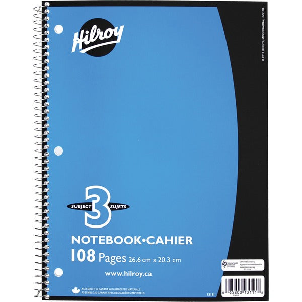 Hilroy Notebook - 3 Subject(s) - 108 Pages - Spiral - 3 Hole(s) - 10.50" (266.70 mm) Height x 8" (20.32 cm) Width - Hole-punched - 1 Each