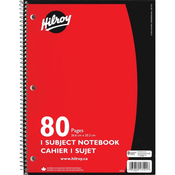 Hilroy Notebook - 1 Subject(s) - 80 Pages - Spiral - 3 Hole(s) - 10.50" (266.70 mm) Height x 8" (20.32 cm) Width - Hole-punched - 1 Each