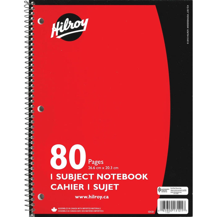 Hilroy Notebook - 1 Subject(s) - 80 Pages - Spiral - 3 Hole(s) - 10.50" (266.70 mm) Height x 8" (20.32 cm) Width - Hole-punched - 1 Each