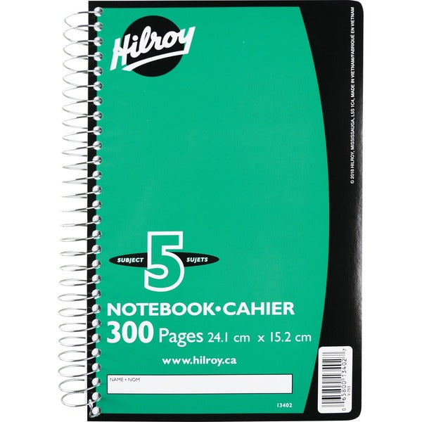 Hilroy Notebook - 5 Subject(s) - 300 Pages - Spiral - 9.50" (241.30 mm) Height x 8" (20.32 cm) Width - 1 Each