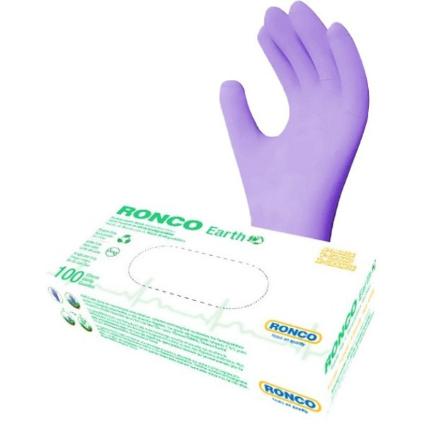 RONCO Earth Examination Gloves - 3 mil (0.08 mm) Thickness x 9.06" (230 mm) Glove Length - Medium Size - For Right/Left Hand - Nitrile - Violet - Biodegradable, Chemical Resistant, Latex-free, Flexible, Lightweight, Extra Strength, Textured, Secure Grip -