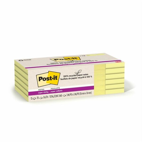 Post-it&reg; 100% Recycled Paper Super Sticky Notes, 3 in x 3 in, Canary Yellow - 70 - 3" (76.20 mm) Flag/Note Width x 3" (76.20 mm) Flag/Note Length - Square - 70 Sheets per Pad - Canary Yellow - Adhesive - Recycled - 12 / Pack