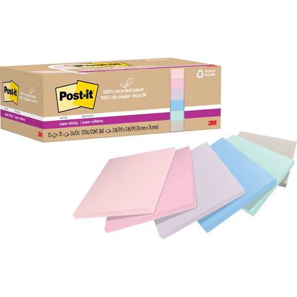 Post-it&reg; Recycled Super Sticky Notes - 70 - 3" (76.20 mm) Flag/Note Width x 3" (76.20 mm) Flag/Note Length - Square - 70 Sheets per Pad - Wanderlust Pastels - Adhesive - Recycled - 12 / Pack