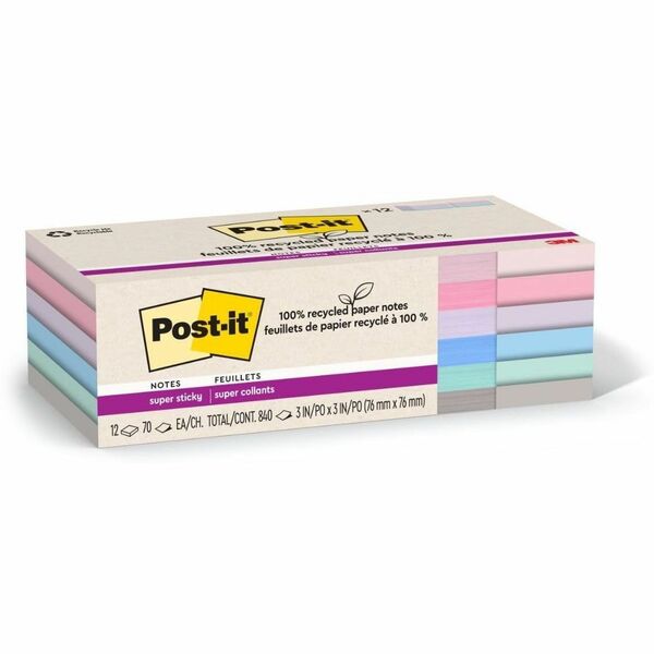 Post-it&reg; 100% Recycled Paper Super Sticky Notes, 3 in x 3 in, Wanderlust Pastels Collection - 70 - 3" (76.20 mm) Flag/Note Width x 3" (76.20 mm) Flag/Note Length - Square - 70 Sheets per Pad - Wanderlust Pastels - Adhesive - Recycled - 12 / Pack