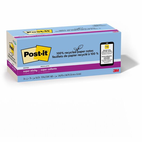 Post-it&reg; Recycled Super Sticky Notes - 70 - 3" (76.20 mm) Flag/Note Width x 3" (76.20 mm) Flag/Note Length - Square - 70 Sheets per Pad - Unruled - Assorted Oasis - Paper - Adhesive - Recycled - 24 / Pack