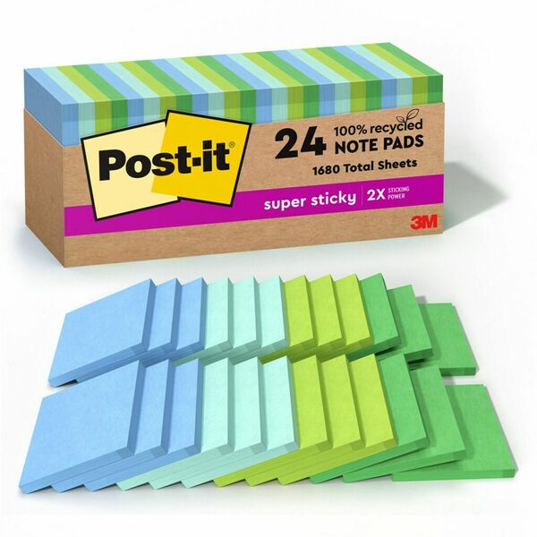 Post-it&reg; Recycled Super Sticky Notes - 70 - 3" x 3" - Square - 70 Sheets per Pad - Assorted Oasis - Adhesive - 24 / Pack - Recycled