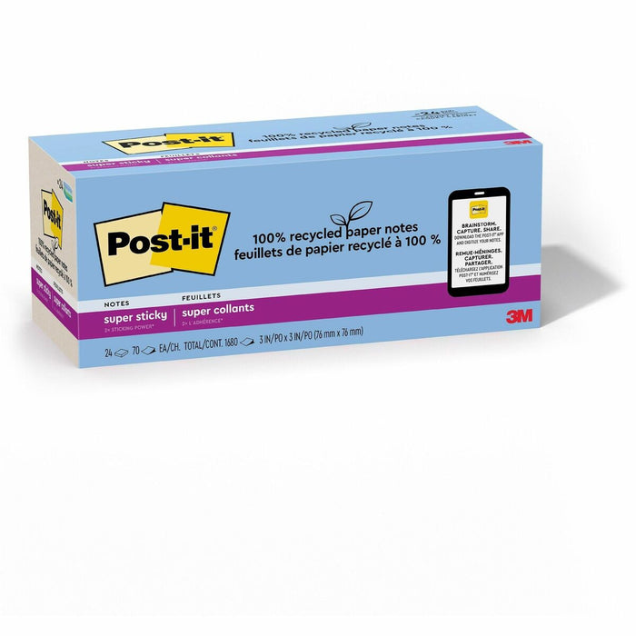 Post-it&reg; Recycled Super Sticky Notes - 70 - 3" (76.20 mm) Flag/Note Width x 3" (76.20 mm) Flag/Note Length - Square - 70 Sheets per Pad - Unruled - Assorted Oasis - Paper - Adhesive - Recycled - 24 / Pack