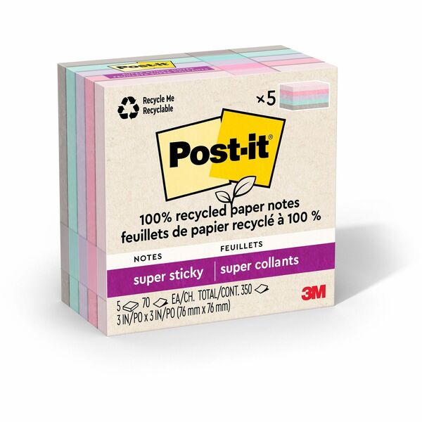 Post-it&reg; Recycled Super Sticky Notes - 70 - 3" (76.20 mm) Flag/Note Width x 3" (76.20 mm) Flag/Note Length - Square - 70 Sheets per Pad - Wanderlust Pastels - Adhesive - Recycled - 5 / Pack