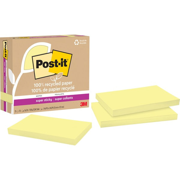Post-it&reg; 100% Recycled Paper Super Sticky Notes 3 in x 5 in Canary Yellow - 90 - 3" (76.20 mm) Flag/Note Width x 5" (127 mm) Flag/Note Length - Rectangle - 90 Sheets per Pad - Canary Yellow - Adhesive - Recycled - 12 / Pack