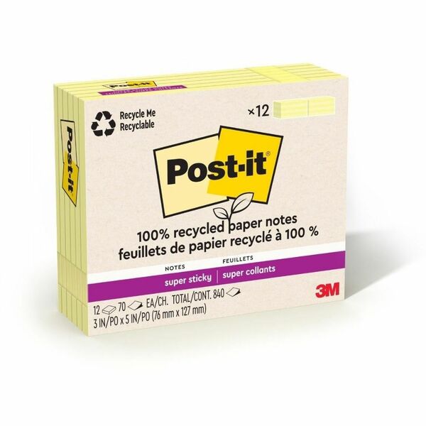 Post-it&reg; Recycled Super Sticky Notes - 90 - 3" (76.20 mm) Flag/Note Width x 5" (127 mm) Flag/Note Length - Rectangle - 70 Sheets per Pad - Canary Yellow - Adhesive - Recycled - 12 / Pack