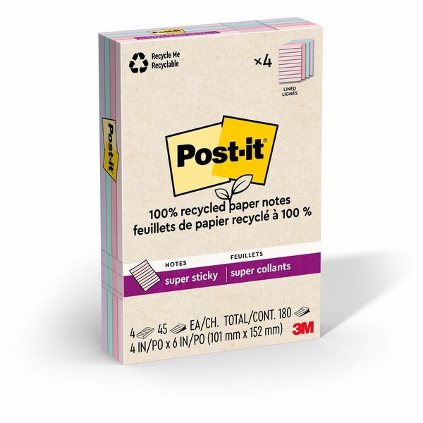 Post-it&reg; Super Sticky Adhesive Note - 4" (101.60 mm) Flag/Note Width x 6" (152.40 mm) Flag/Note Length - Rectangle - 45 Sheets per Pad - Assorted Wanderlust Pastel - Repositionable - Recycled - 4 / Pack