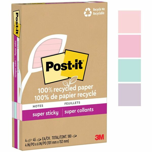 Post-it&reg; 100% Recycled Paper Super Sticky Notes 4 in x 6 in Lined Wanderlust Pastels Collection - 4" (101.60 mm) Flag/Note Width x 6" (152.40 mm) Flag/Note Length - Rectangle - 45 Sheets per Pad - Assorted Wanderlust Pastel - Repositionable - Recycled
