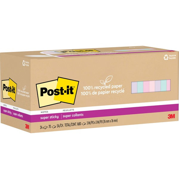 Post-it&reg; 100% Recycled Paper Super Sticky Notes 3 in x 3 in Wanderlust Pastels Collection - 3" (76.20 mm) Flag/Note Width x 3" (76.20 mm) Flag/Note Length - Square - 70 Sheets per Pad - Assorted Wanderlust Pastel - Repositionable - Recycled - 24 / Pac
