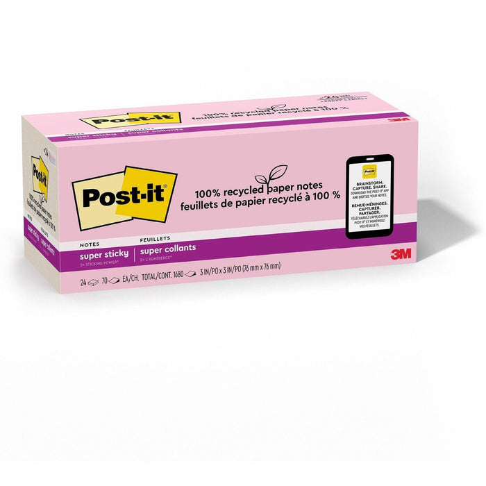Post-it&reg; Super Sticky Adhesive Note - 3" (76.20 mm) Flag/Note Width x 3" (76.20 mm) Flag/Note Length - Square - 70 Sheets per Pad - Assorted Wanderlust Pastel - Repositionable - Recycled - 24 / Pack