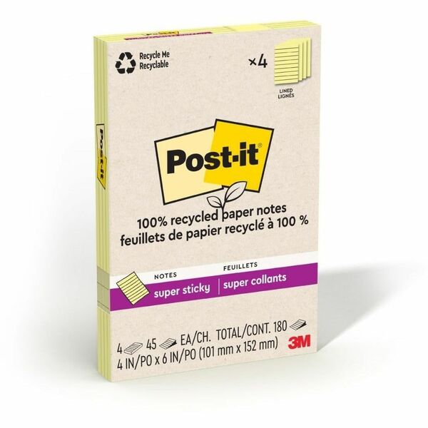 Post-it&reg; 100% Recycled Paper Super Sticky Notes, 4 in x 6 in Lined, Canary Yellow - 4" (101.60 mm) Flag/Note Width x 6" (152.40 mm) Flag/Note Length - Rectangle - 45 Sheets per Pad - Canary Yellow - Repositionable - Recycled - 4 / Pack