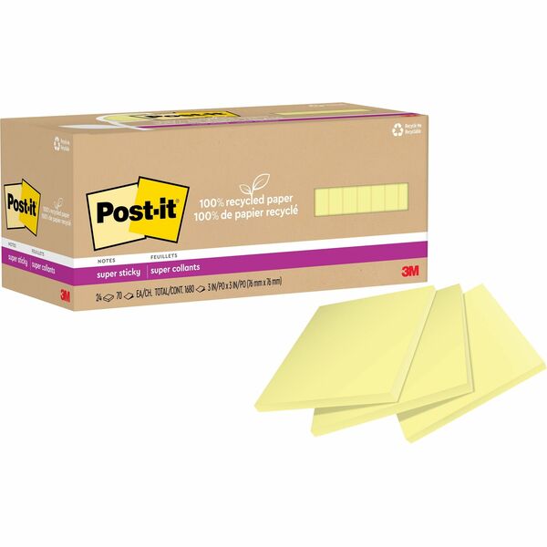 Post-it&reg; Super Sticky Adhesive Note - 3" x 3" - Square - 70 Sheets per Pad - Canary Yellow - Repositionable - 24 / Pack - Recycled