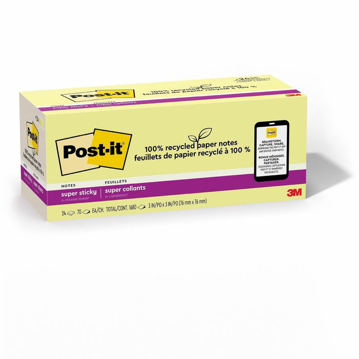 Post-it&reg; Super Sticky Adhesive Note - 3" (76.20 mm) Flag/Note Width x 3" (76.20 mm) Flag/Note Length - Square - 70 Sheets per Pad - Canary Yellow - Repositionable - Recycled - 24 / Pack