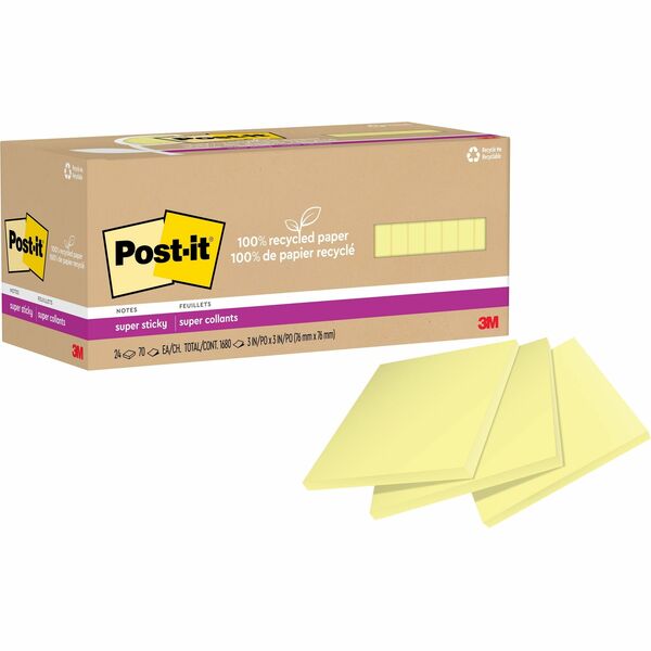 Post-it&reg; Super Sticky Adhesive Note - 3" (76.20 mm) Flag/Note Width x 3" (76.20 mm) Flag/Note Length - Square - 70 Sheets per Pad - Canary Yellow - Repositionable - Recycled - 24 / Pack