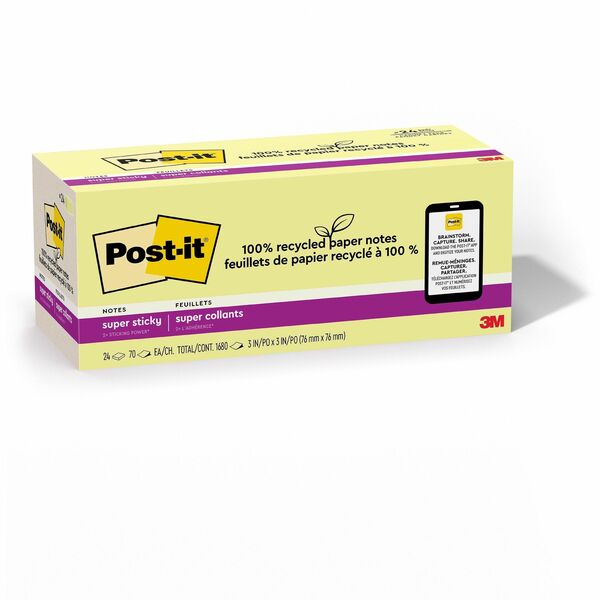 Post-it&reg; Super Sticky Adhesive Note - 3" (76.20 mm) Flag/Note Width x 3" (76.20 mm) Flag/Note Length - Square - 70 Sheets per Pad - Canary Yellow - Repositionable - Recycled - 24 / Pack
