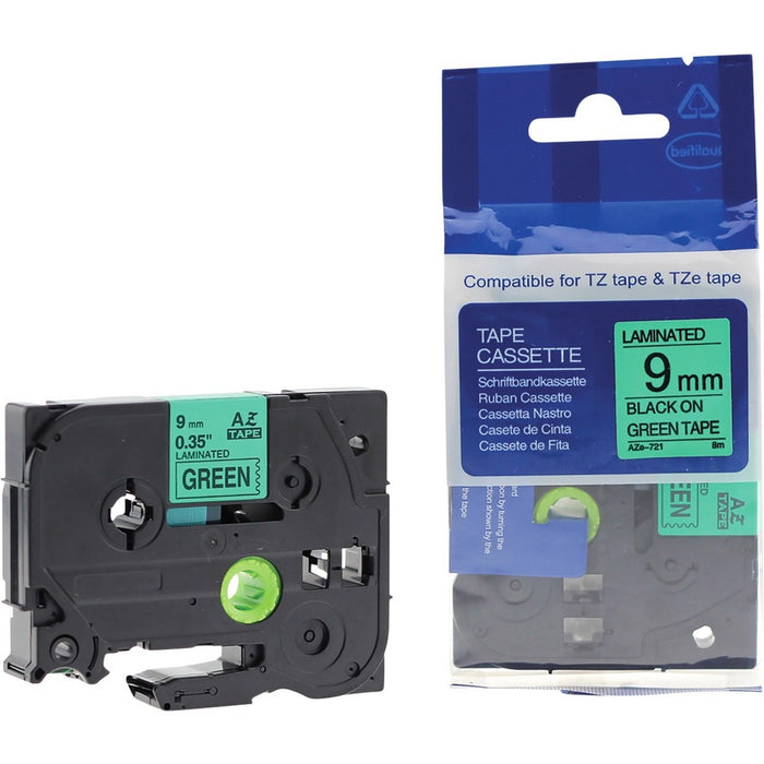 Premium Tape TZ Label Tape - x 3/8" (9.52 mm) Width x 26 ft (7.9 m) Length - Rectangle - Black on Green - Laminated