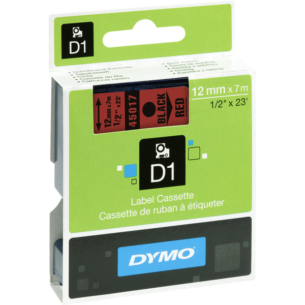 Dymo 45017 D1 Standard Labelling Tape - 15/32" (12 mm) Width - Removable Adhesive - Rectangle - Thermal Transfer - Glossy - Red, Black - Water Resistant - Residue-free - 1 Each