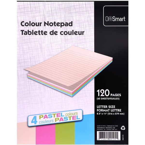 OFFISMART Pastel Writing Pad, Ruled, 8.5"x11" , 120pg - 120 Pages - Glue - Ruled Margin - Letter - 8 1/2" (215.90 mm) x 11" (279.40 mm) Sheet Size - Pastel Paper - 1 Each
