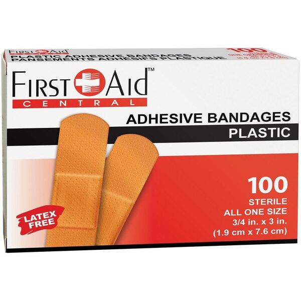 First Aid Central Adhesive Plastic Bandages, 1.9 x 7.6cm (3/4" x 3"), 100/Box - Plastic - 100 / Box
