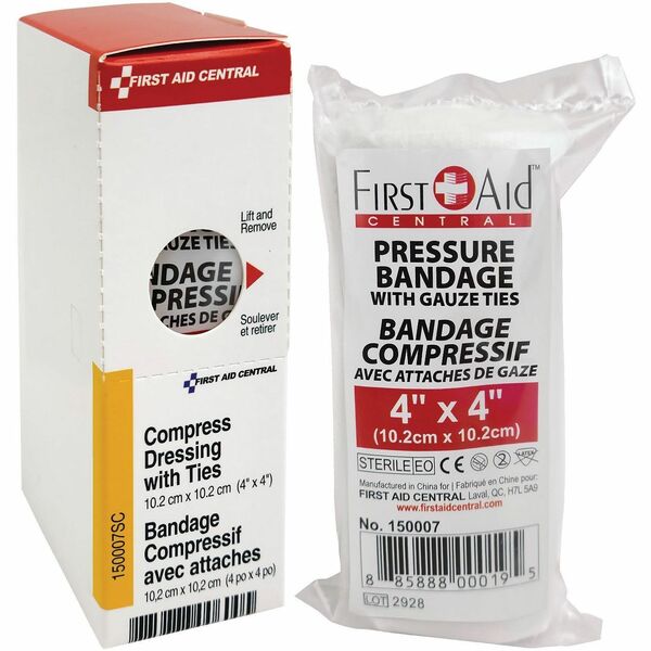 First Aid Central Compress Pressure Bandage with Ties (4" x 4") - 1 Each