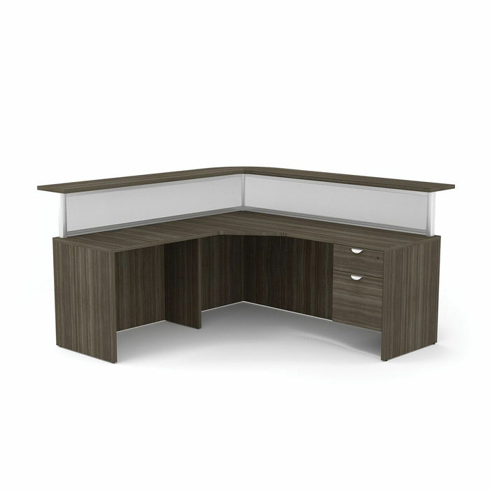 HDL L-Shape Reception Desk - L-shaped Top - Reception - Grey Dusk - Polycarbonate, Powder Coated Aluminum, Aluminum, Polyvinyl Chloride (PVC) - Thermofused Laminate (TFL) Top Material